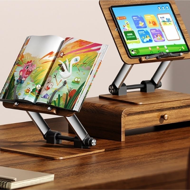 Aluminum Alloy Book Stand Wood Reading Rack Raised Lowered Holder