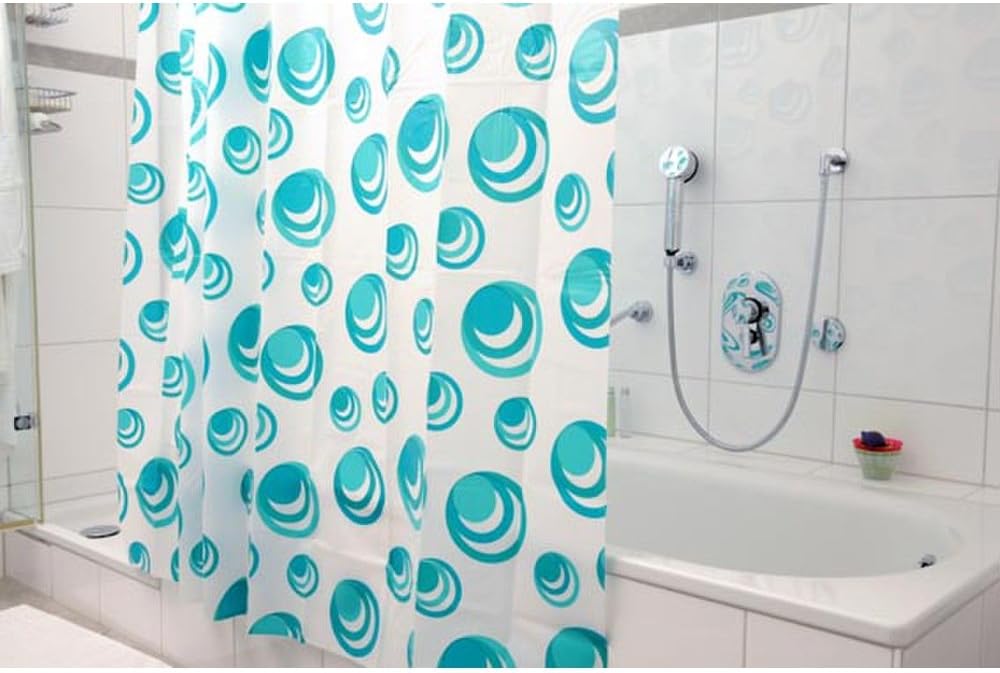 HAB & GUT -DV042V- Shower curtain EVA, 71 x 71 inches -180 x 180 cm-, bath curtain with geometric teal coloured circles on a white background
