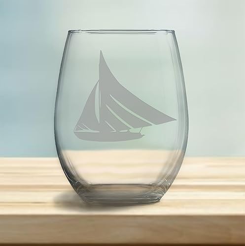 Miniatura 1 de Sailboat Etched Stemless Wine Glasses - Set of 2468-20.5oz Glassware for Sailing Enthusiasts and Wine Lovers (Set of Two (2))