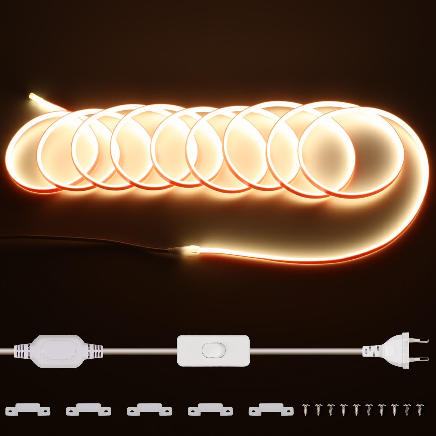 Striscia LED COB 220V 10M Esterno Impermeabile, 288 LED/m, Bianca Calda da 3000K senza trasformatore, nastro LED flessibile e tagliabile con interruttore per decorazioni domestiche, cucina, tv