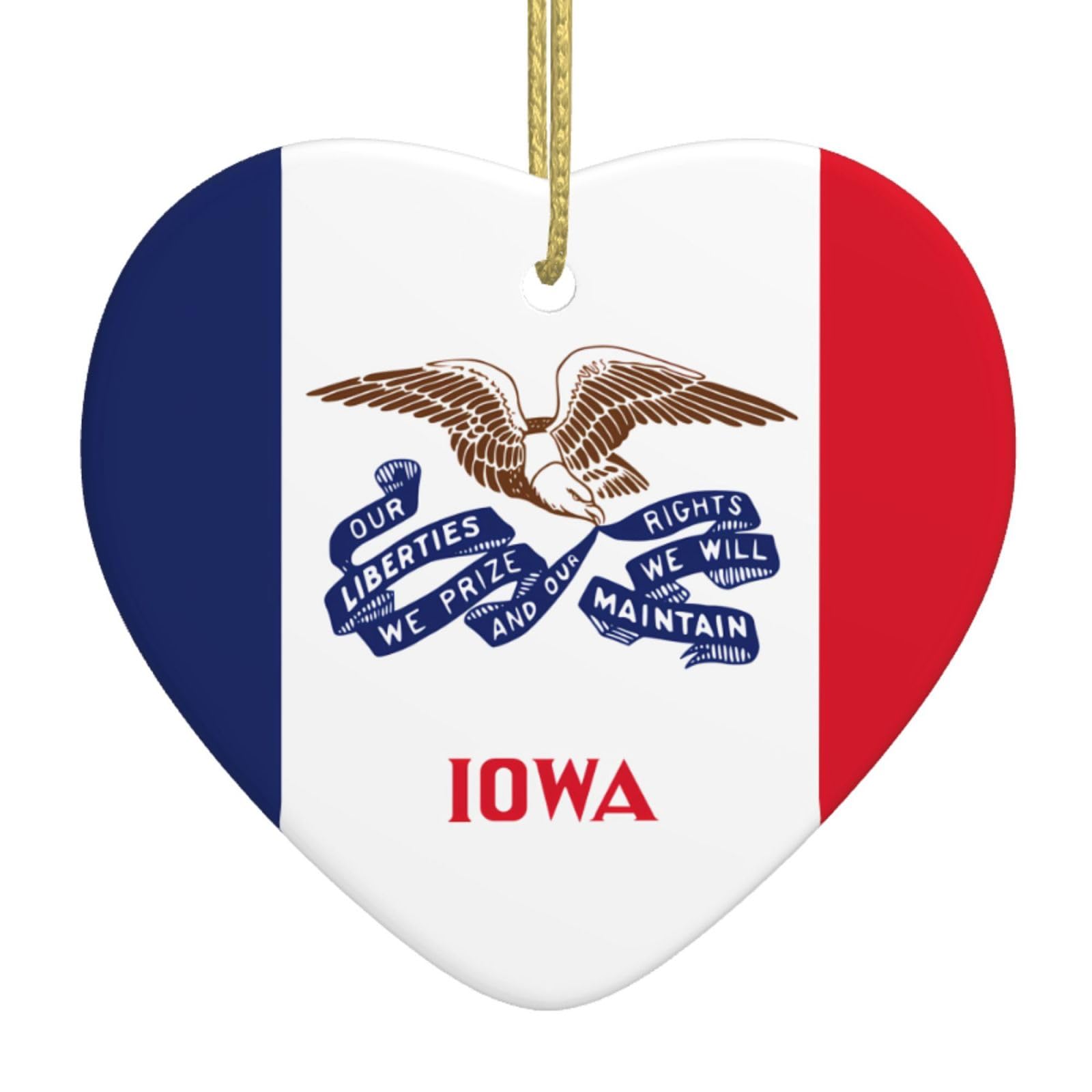 Iowa State Flag Ceramic Christmas Heart Pendant with Silk Thread, Christmas Tree Home Decoration