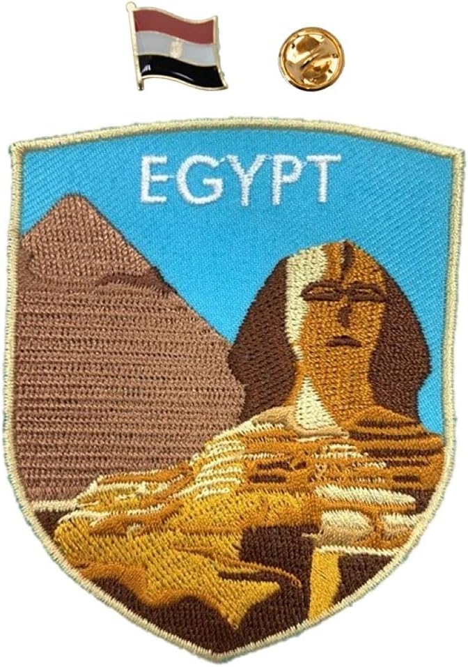 A-ONE 2 PCS Pack- Pyramid and Sphinx Shield Embroidery+Egypt Flag Lapel Pin, World's Wonders Embroidery, Pharo's Tomb Souvenir, Giza Landmark, Decorative Accessories for Backpack Clothes NO.277P