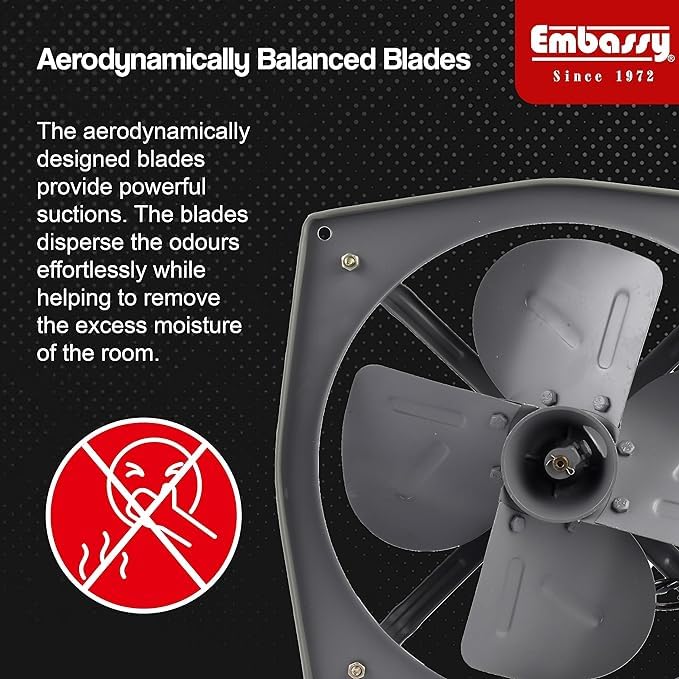 Image of Embassy Exhaust Fan 12 inch Trans Air DBB 300mm, 1350 RPM, Power 50w For Bathroom, Kitchen, Office | 2 Year Warranty | Copper Winding | Double ball bearing | Cut Out size 12x12 square inches