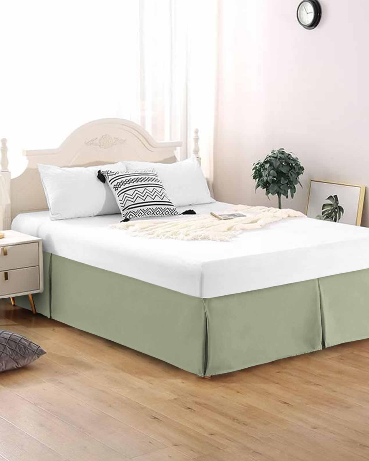 Sage Green Bed Skirt King Size 18 Inch Drop with Split Corners, Farmhouse Sage Green Decor Dust Ruffled Pleated Bed Skirts Wrap Around Tailored Bed Skirt Valance for Bedroom