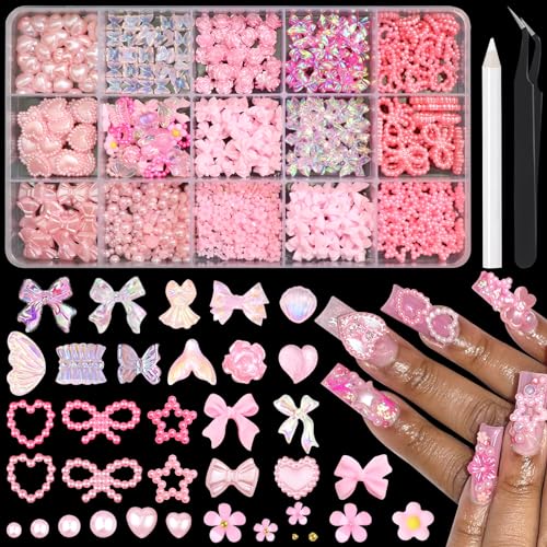 Image of RODAKY Pink Nail Charms 3D Butterfly Bow Charms for Nails Assorted Cute Nail Art Charms Resin Flower Nail Decoration Flatback Nail Pearl for Manicure Acrylic Charms Set DIY Craft Embellishment, Small