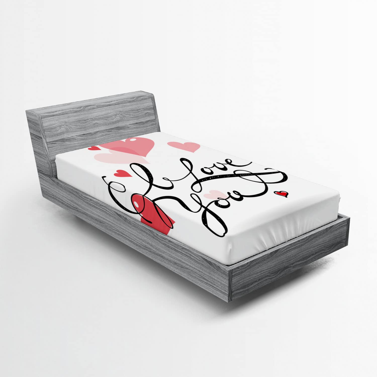 Ambesonne I Love You Fitted Sheet, Handwritten Illustration Swirly Designed Calligraphy with Pink and Red Hearts, Bed Cover with All-Round Elastic Deep Pocket for Comfort, Twin XL Size, Black Pink