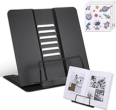 Kssvzz Children's Book Stand, Foldable Metal Reading Stand with 6 Adjustable Positions, Adjustable Book Holder for School, Kitchen and Office, Black