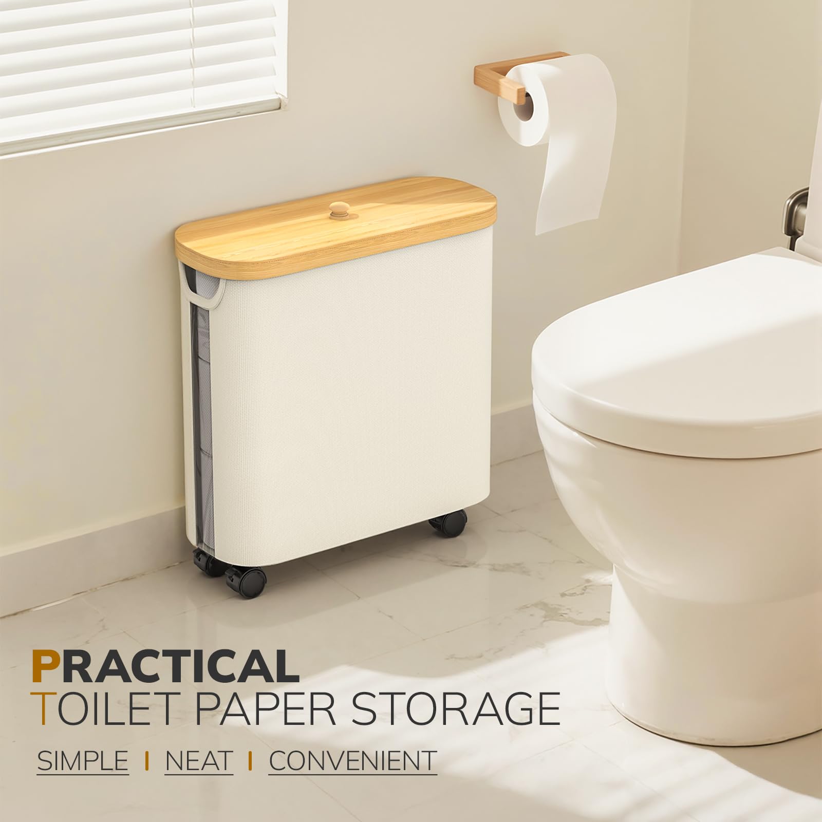 Almacenamiento de papel higiénico con rueda, soporte de papel higiénico de bambú con tapa y asa, organizador de papel higiénico para baño, cesta de papel de 30 L para 9-12 rollos de accesorios de baño