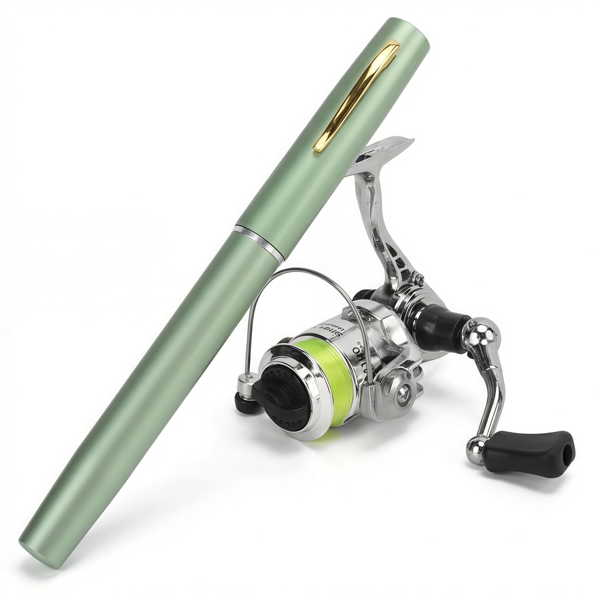 Caña de Pescar Mini bolígrafo portátil, Mini caña de Pescar, Aluminio aviación retráctil Anillo magnético Carrete 2 mas 1BB Ratio 4.3 a 1, Equipo para Hielo río 20 cm (Verde)