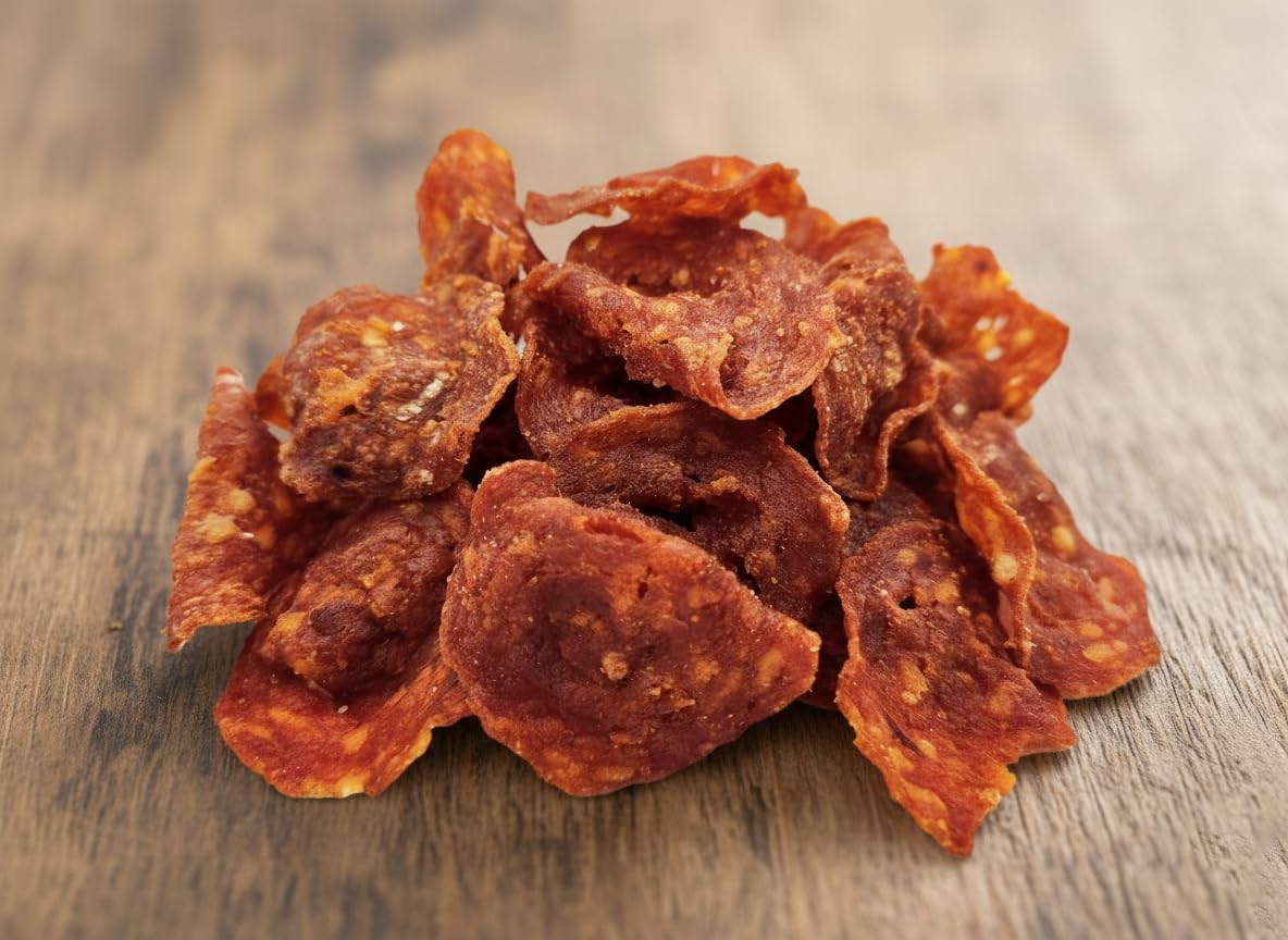 Scatola da 20 sacchetti di Salami Chips Piccante, Snack Croccante ad Alto Contenuto Proteico 59%, Gusto Hot Pepperoni, Senza Allergeni, 25g