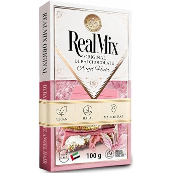 REALMIX Pink Chocolate Directly from Dubai - Exotic Premium Chocolate Bar with Raspberry Flavour Filled with Cotton Candy and Pistachios - Authentic Dubai Chocolate 100 g Pink Chocolate