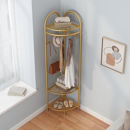Miniatura 4 de Percheros de esquina de metal, percheros de ropa dorados, perchero independiente con ganchos y estante de almacenamiento para pasillo, entrada,