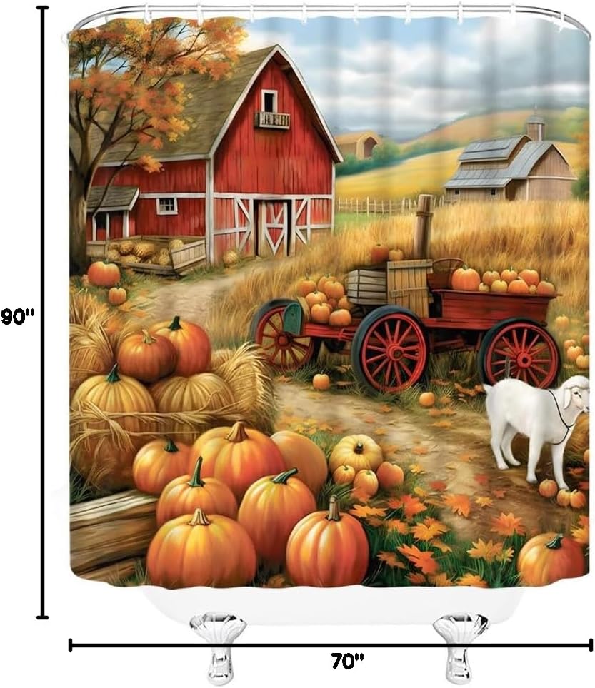Fall Pumpkin Shower Curtain Vintage Truck Cute Sheep Floral Barn Thanksgiving Harvest Farmhouse Fabric Bathroom Decor Curtains with Hooks,90 x 70