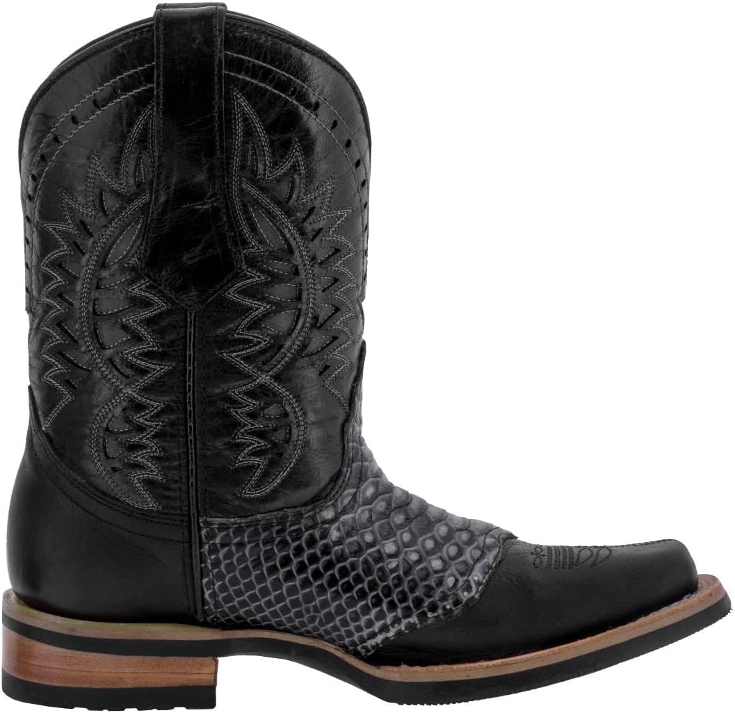 Texas Legacy Mens Black Western Leather Cowboy Boots Snake Print Square Toe