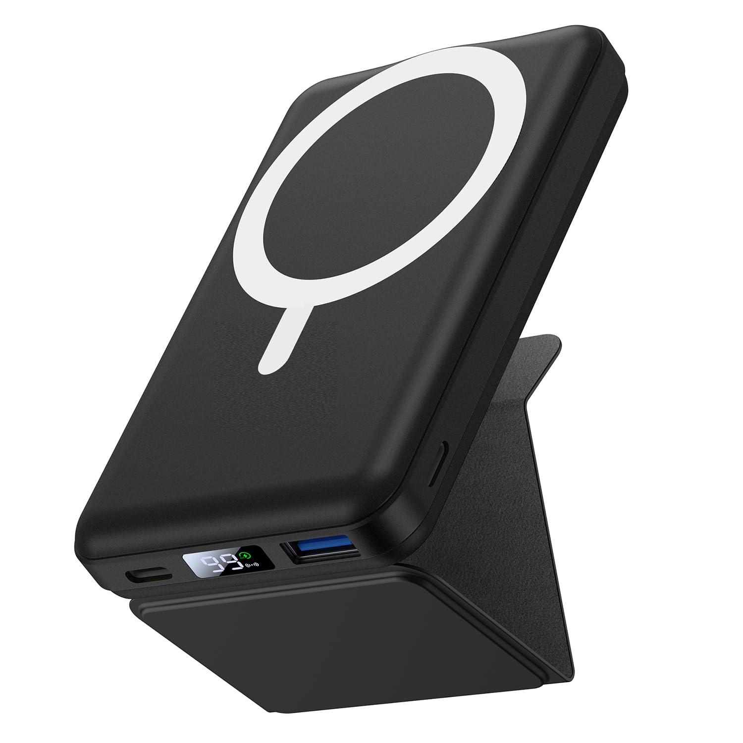 Ellewpoo Power Bank für Magsafe, 10000mAh Powerbank für iPhone 12-18 Serie | Magnetische Power Bank, 15W Kabellose + 22.5W PD Schnellladung, Klappbarer Ständer & LED-Anzeige, Externe Handyakkus, Schwarz