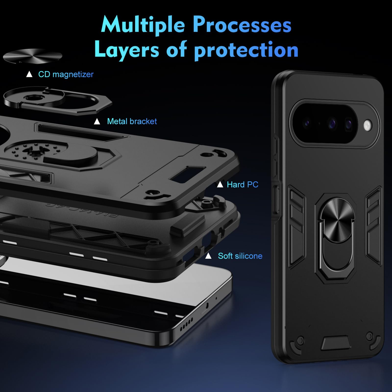 Dünne Hülle für Google Pixel 11 Pro/11 Pro XL/11, Stoßfest rutschfeste Schutzhülle mit Magnetisch Metall Ring Ständer Handyhülle,Schwarz,11 Pro