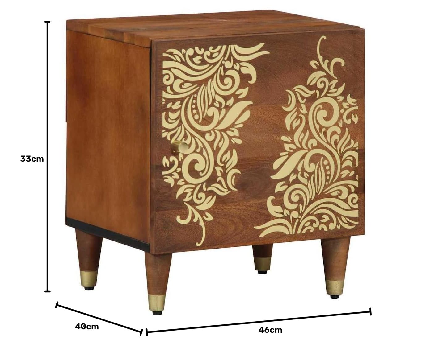 Set di 2 comodini con anta, color marrone miele, in legno di mango massiccio, comodino moderno con vano portaoggetti e bottoni in ottone, 40 x 33 x 46 cm, design compatto per camera da letto
