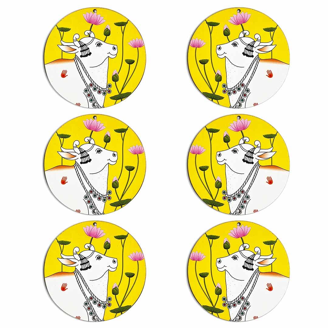 Craft Shop India Yellow Pichwai Cow MDF Right Left Face Base Round Shaped Cutout Design for Diwali | Dussehra | Rangoli | Pooja | Festival Gift | Wedding Decorations Set of 18 2