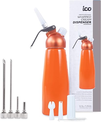 ICO - Dispensador de crema batida de aluminio naranja para crema batida casera, máquina de crema batida (1 pinta) + 4 puntas de inyector