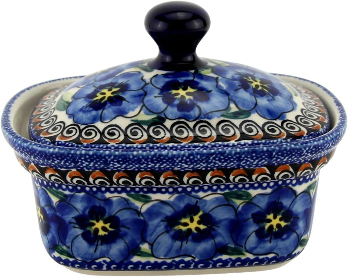 Polish Pottery Market Butter Tub with Lid from Zaklady Boleslawiec, Dimension 4 x 5.75"- Perfect To Keep Your Butter Soft