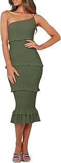 Women's Summer Midi Bodycon Dresses One Shoulder Strappy Tiered Ruffle Floral Boho Sun Dress