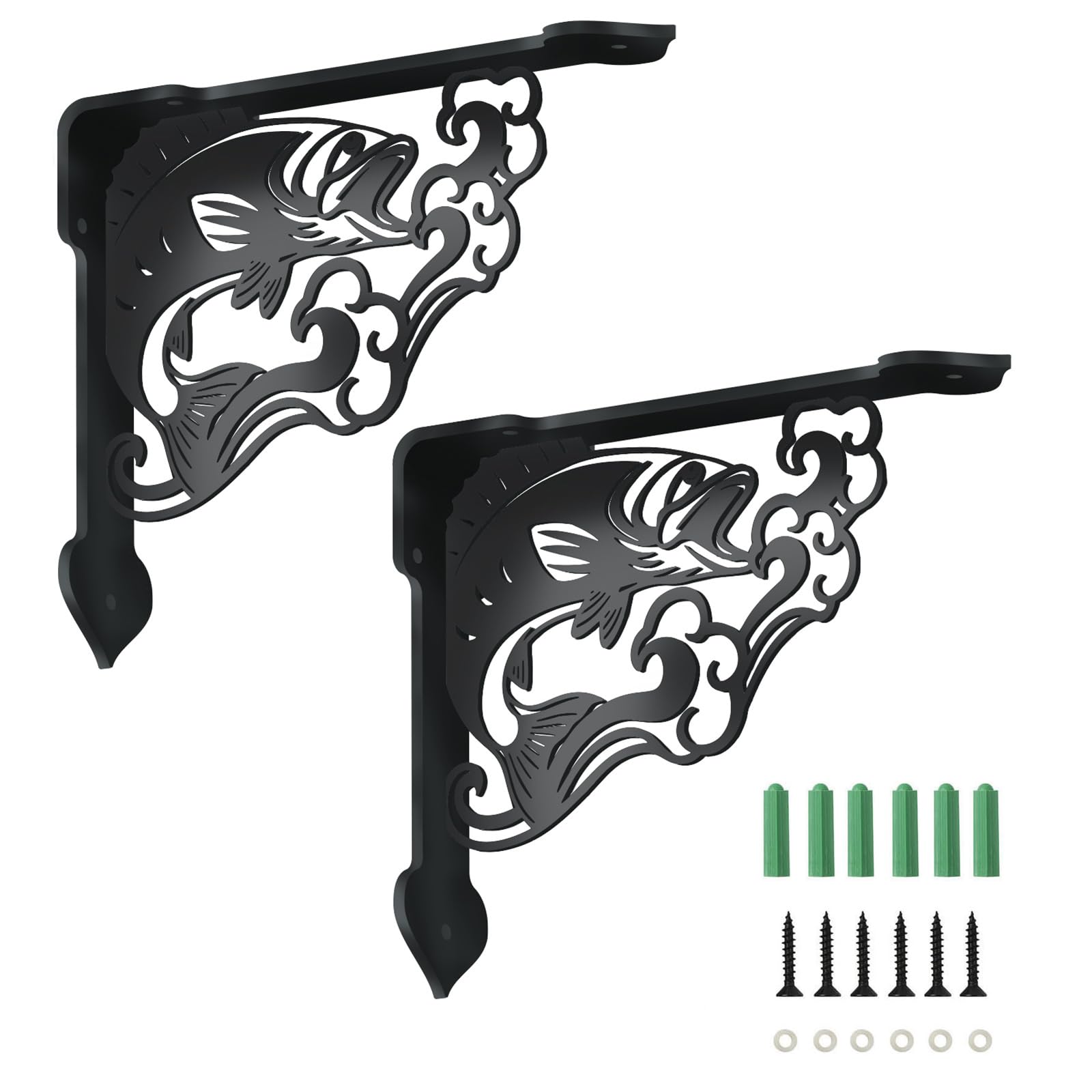 SUPERDANT 2Pcs Fish and Waves Shelf Brackets 21x17.2cm Fish Heavy Duty Shelf Brackets Decorative Shelves Bracket Black Iron Bracket for Shelves for Bookshelf Fireplace Home Garden Housewarming Gift