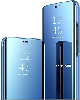 ELMO3EZZ Case for Case Y7 Prime 2019 Tempered Glass Screen Protector Flip Clear View Translucent Mirror Cover 360° Shockproof Smart Cover Bumper/Blue