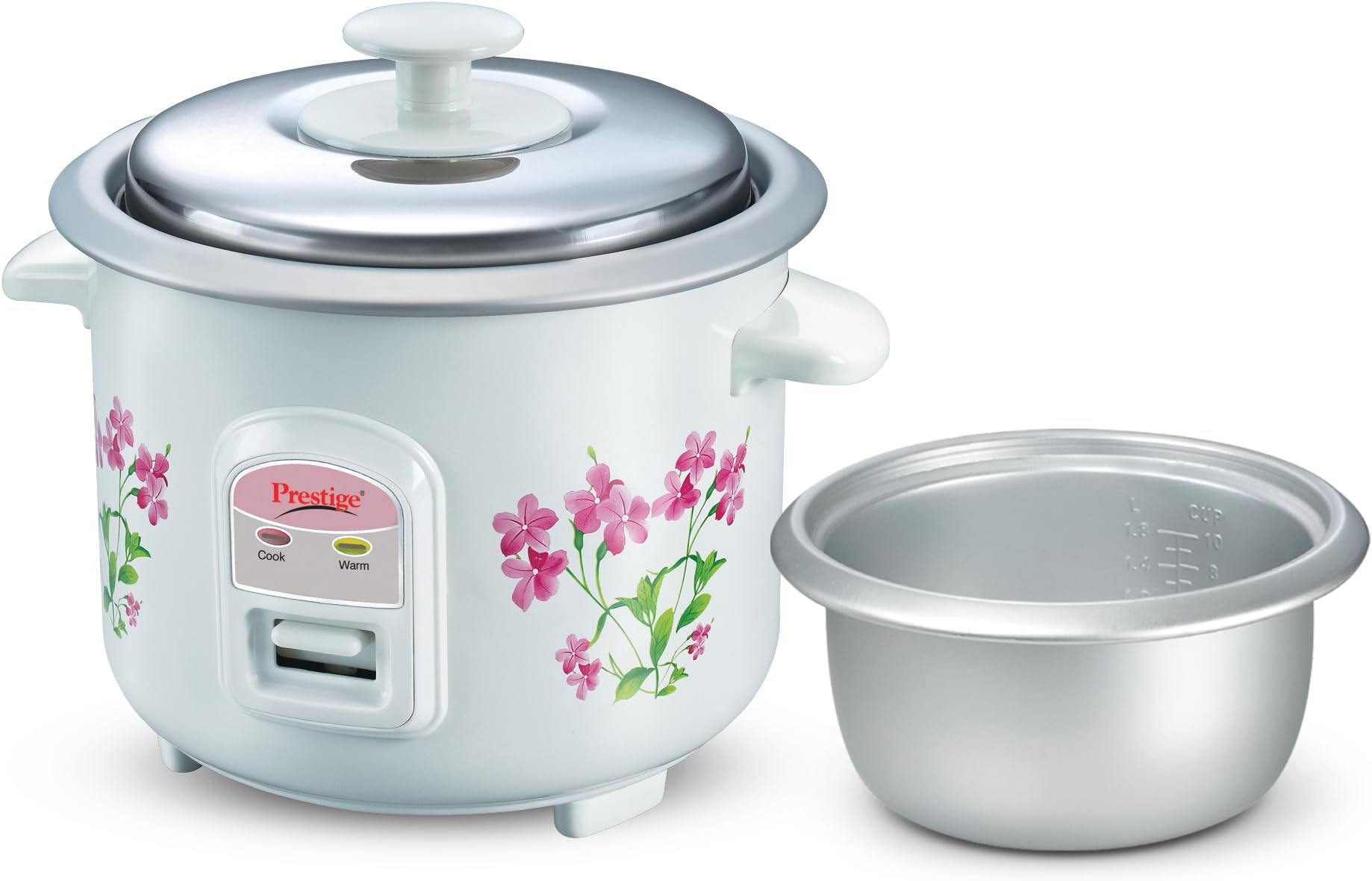 Prestige PRWO 0.6 L Electric Rice Cooker with 2 cooking pans|Detachable power cord|Durable body|Cool touch handles|White| Raw capacity-0.3L|Cooked capacity-0.6 L|Cooks for a family of 1 to 2 members