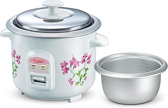 Prestige PRWO 0.6 L Electric Rice Cooker with 2 cooking pans|Detachable power cord|Durable body|Cool touch handles|White| Raw capacity-0.3L|Cooked capacity-0.6 L|Cooks for a family of 1 to 2 members