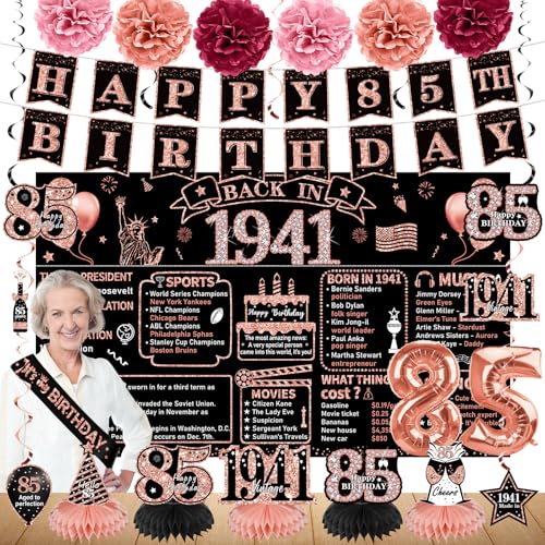 Zirtorei 85th Birthday Decorations for Women 21pcs the Year 1941 Banner Balloon Party Supplies Rose Gold 85 Year Old Birthday Backdrop 85 Bday Honeycomb Centerpiece Hanging Swirls Sash Gifts