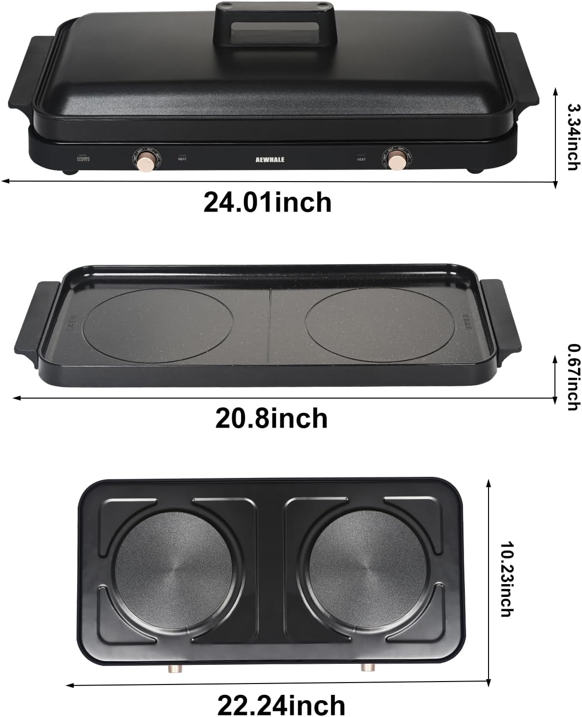 AEWHALE Portable Double Electric Burner with Removable Cast Aluminium Griddle Pan Non-stick,1800 W Hot Plate for Cooking, Independent Temperature Control for Family Party