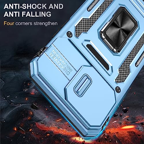 Image of Polycarbonate Slide Camera Cover with Ring Holder Mobile Phone Back Cover for iPhone 15 Pro (Blue)