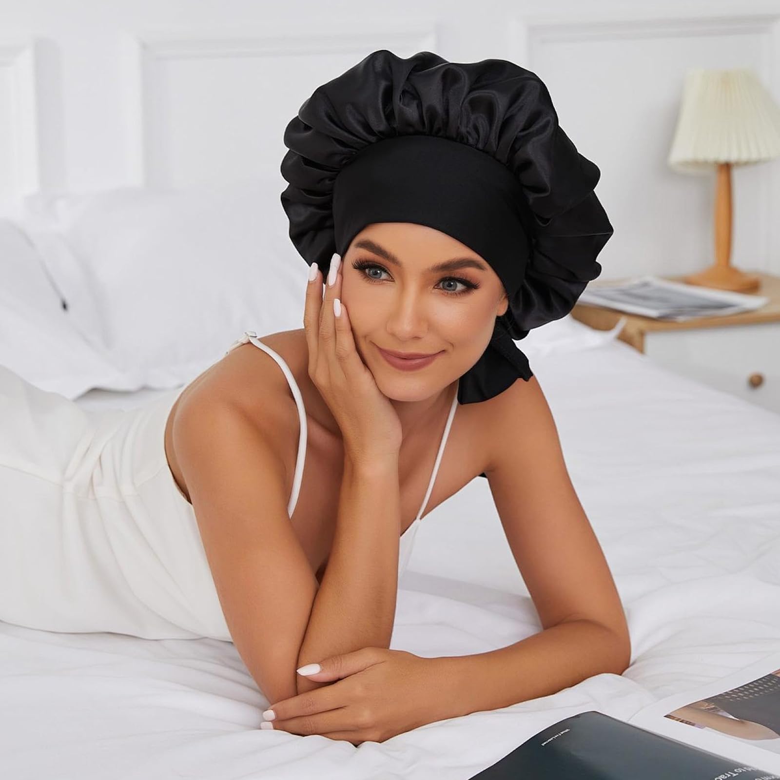 2 Stück Satin Bonnet, Weiche Kopfhaube Schlafhaube Seide, Nacht Schlaf Mütze, Bonnet Seide für Damen und Mädchen