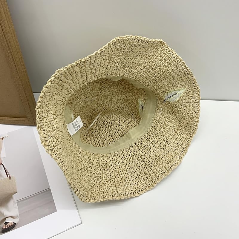 Sombrero de Verano para Mujer,con Protección UV,Plegable,de ala Ancha,de Paja con Bordado de Hojas,Transpirable,para Playa,Exteriores,Vacaciones y Viajes