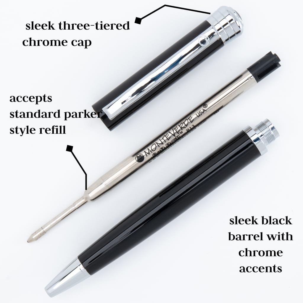 Monteverde USA Strata Black Ballpoint Pen - Sleek Design, Polished Chrome Accents, Refillable, Professional Writing