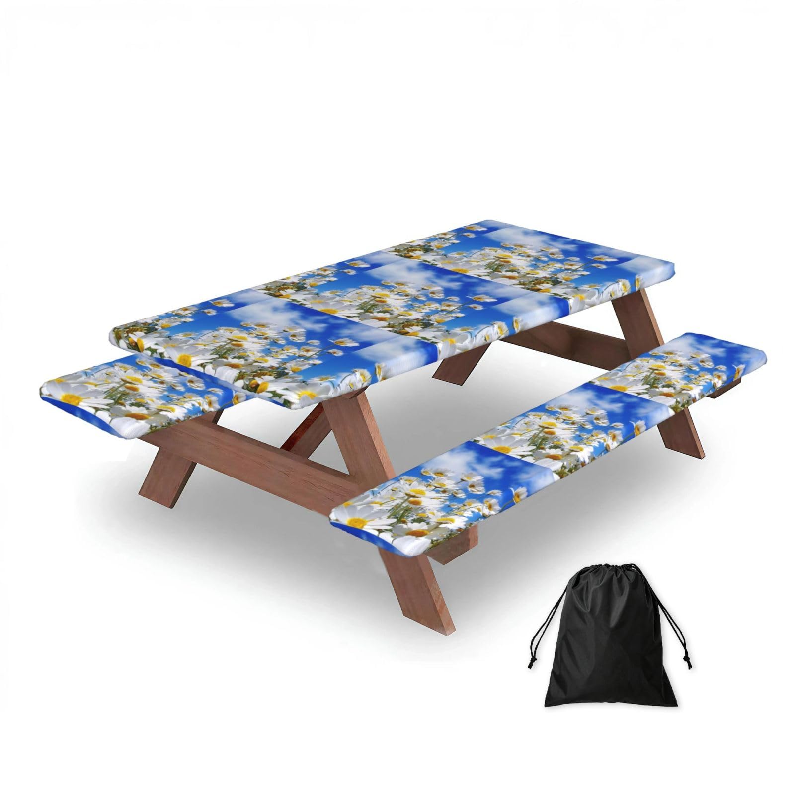 Fragrant Daisy Flower, Picnic Table Cover With Bench Covers -Waterproof Elastic Fitted Tablecloth for Garden Camping Patio 76x152cm