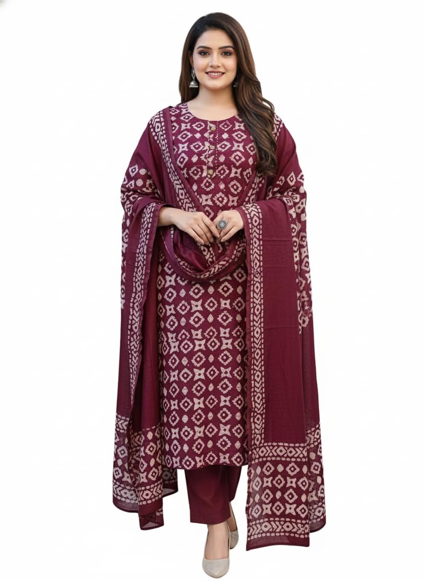 Women's Cotton Blend Straight Printed Kurta with Pant & Dupatta