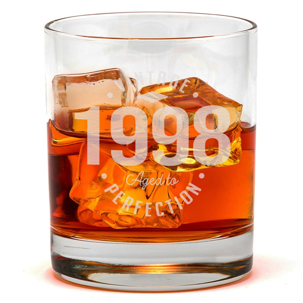 Dust and Things ‘Vintage Aged to Perfection’ Personalised Year Whiskey Tumbler - Milestone Birthday Gift Him - Drinking Gifts - 18th, 21st, 30th, 40th, 50th, 60th, 70th, 80th, 90th (1998)
