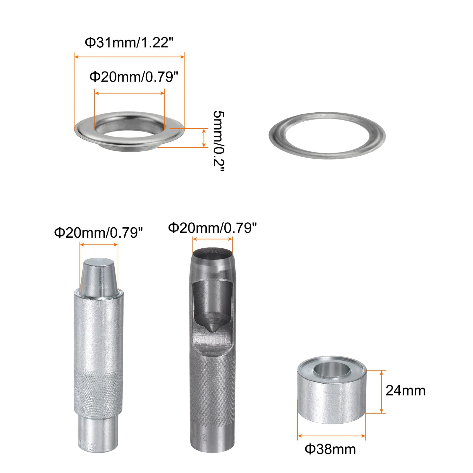 QUARKZMAN Kit de Herramientas de 100 Piezas de Ojales de Cobre de 20 mm con Punzón Hueco, Herramientas de Instalación de Ojales para Ropa, Cuero, Tela, Cinturones, Tono Plateado