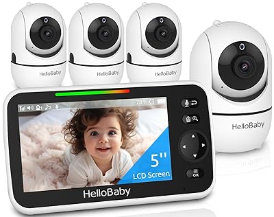 HelloBaby 5" Screen Baby Monitor with 4 Cameras - No WiFi HB6550 Video Baby Monitor, Pan-Tilt-Zoom, 26 Hour Battery, ECO, Night Vision, Temperature Sensor & 2-Way Audio, 8 Lullabies, 1000ft Long Range
