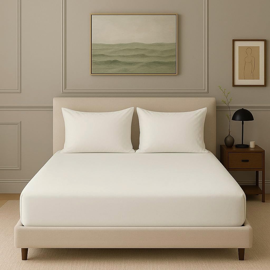 Trance Home Linen 300 TC Bamboo Fitted King Size Bedsheet | Soft, Breathable & Eco-Friendly Bedsheet with 2 Pillow Solid Cover – (78 x 72 inch, Off White)