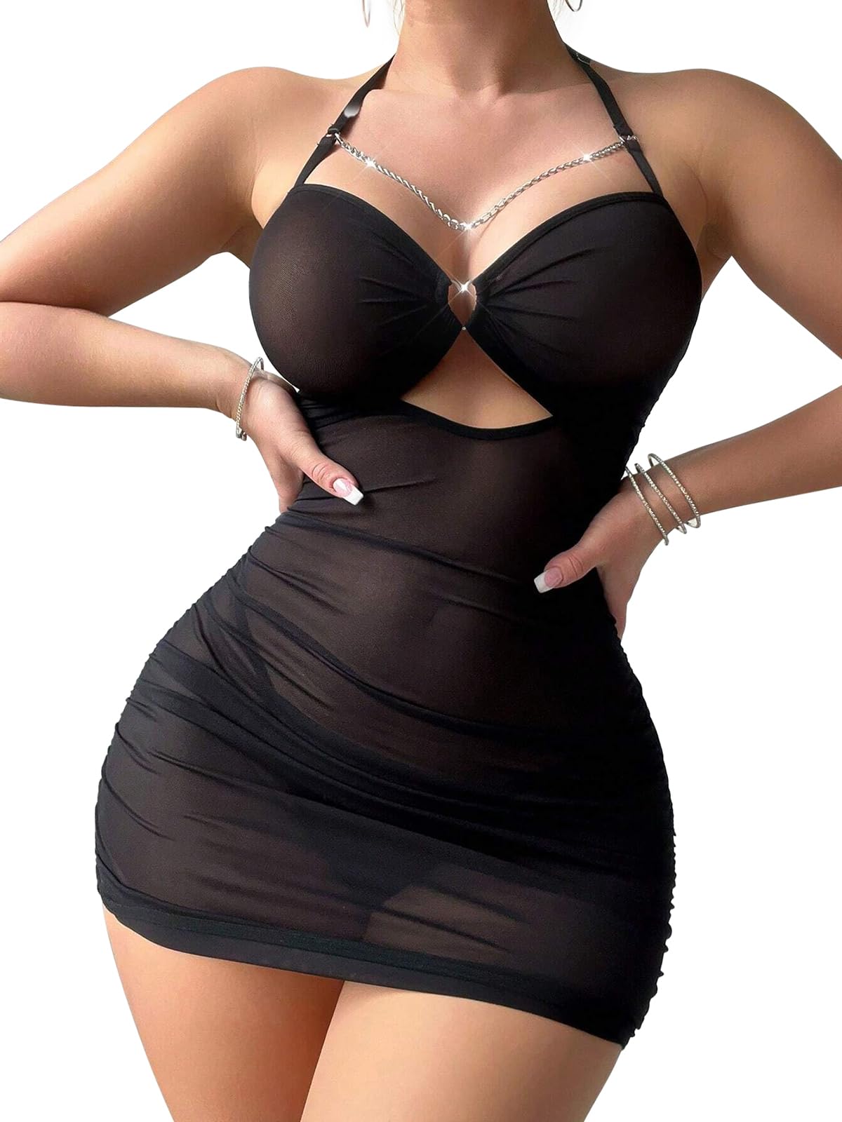 Sexy Lingerie for Women Sheer Lingerie Set Bodycon Mini Lingerie Dress Ruched Party Clubwear Outfits: Black Small