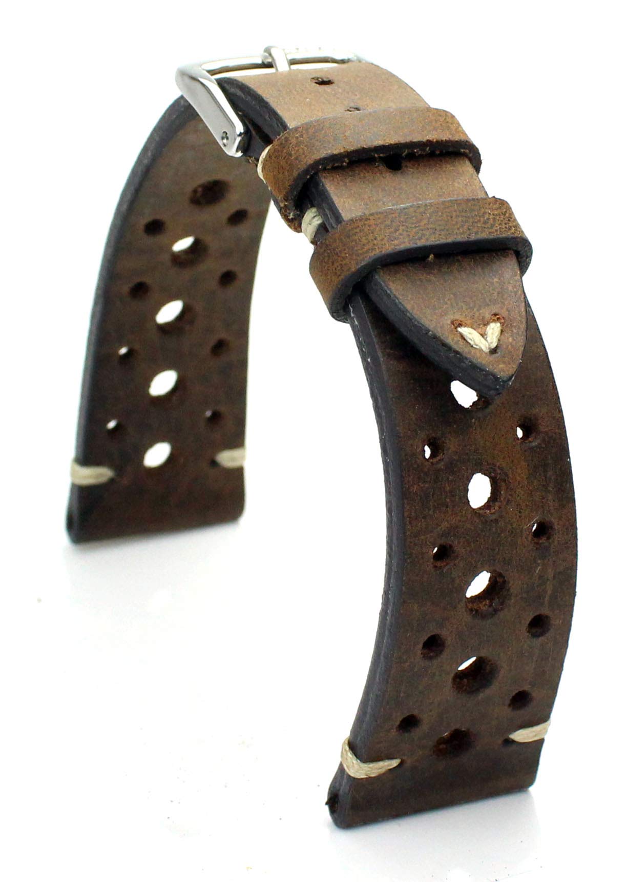 RIOS1931 Rallye Vintage Rindsleder Uhrenarmband handgemacht in Deutschland 20mm braun Mooreiche