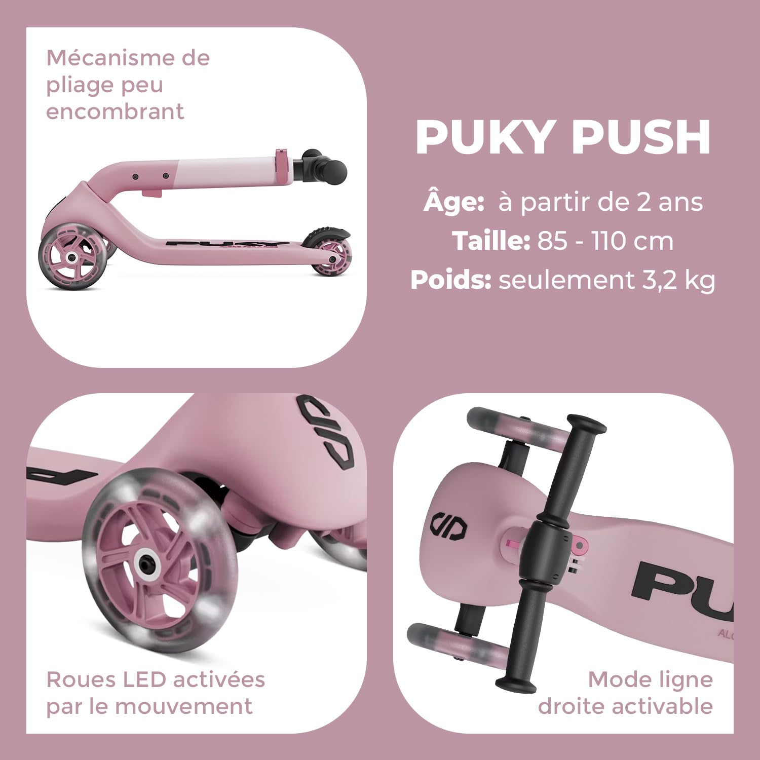 PUKY Push | Trotinette Enfant 2 Ans Pliable avec Roues LED | 3 Roues