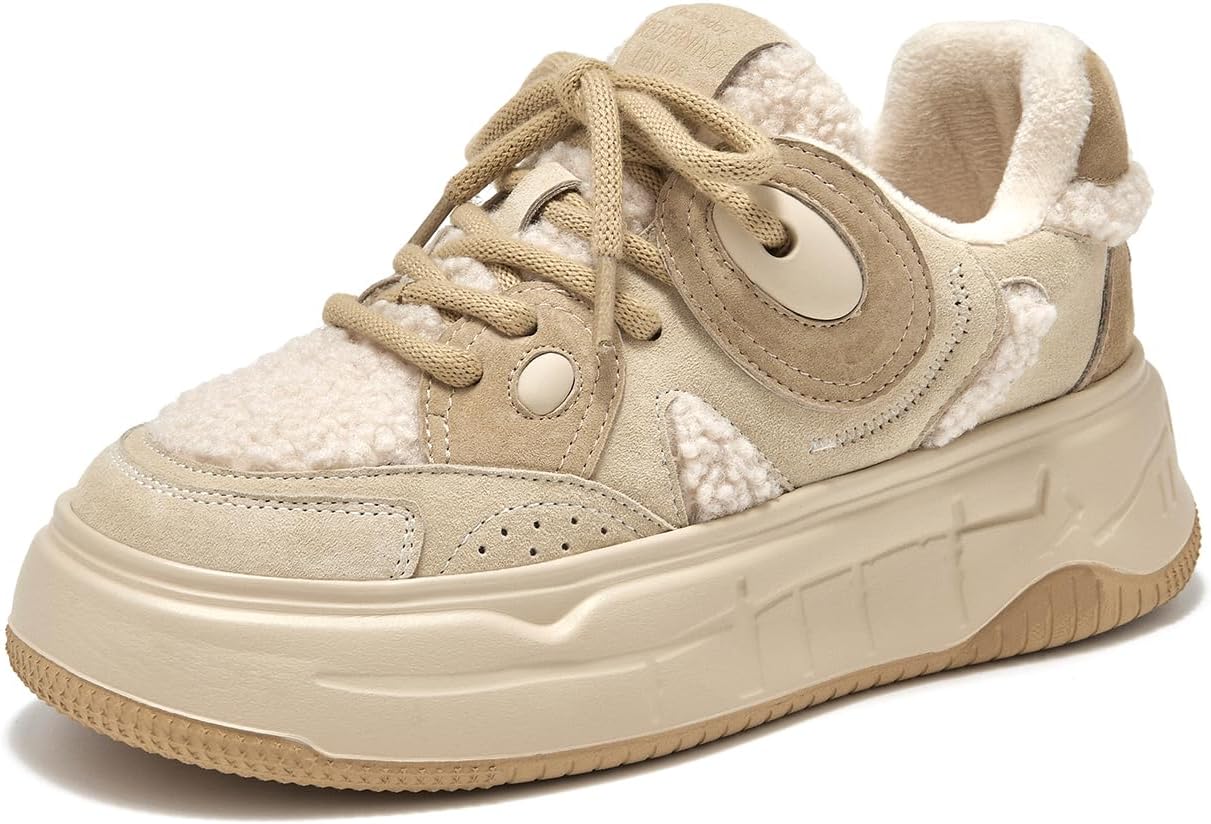 BEAU TODAY Fur Lined Winter Sneakers for Women, Womens Chunky Platform Warm Sneakers, Comfortable Suede Snow Lace-up Non-Slip Round Toe Casual Snow Walking Tennis Shoes