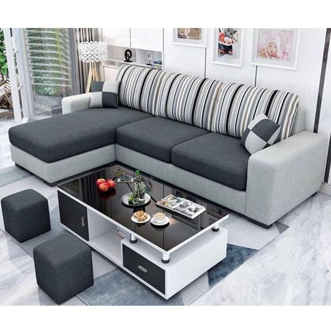 Sleepify Luno 4 Seater Fabric L Shape LHS Sectional Sofa Set with 2 Puffy (Dark Grey-Light Grey)