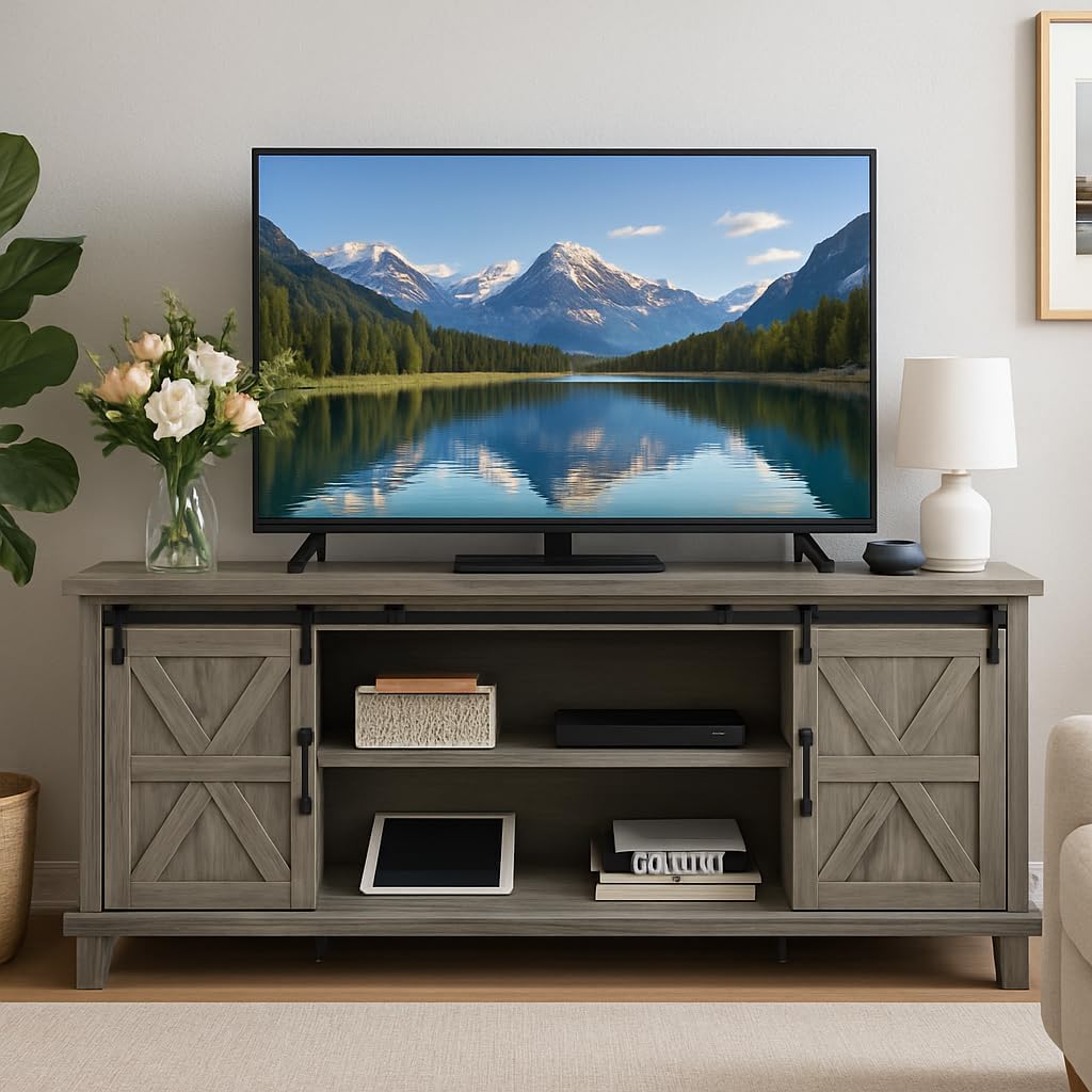 TV Stand for Televisions Up to 75 Inch, Entertainment Center with Storage Cabinets and Sliding Barn Doors, Mid Century Modern Media TV Console Table for Living Room Bedroom, Light Grey