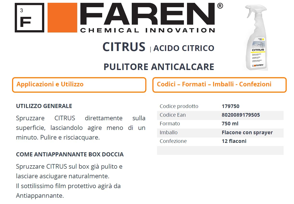 Promo 2 flacons 0,750 ml faren Citrus Désincrustant Détartrant antibuée douche robinetterie