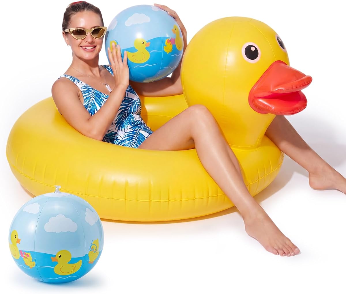 Hungdao 3 Pcs Inflatable Duck Pool Float Set, Include 40" Large Duck Swimming Ring, 2 Pcs Inflatable Beach Balls, Beach Floaties Funny Toys for Summer Pool Outdoor Party Decoration