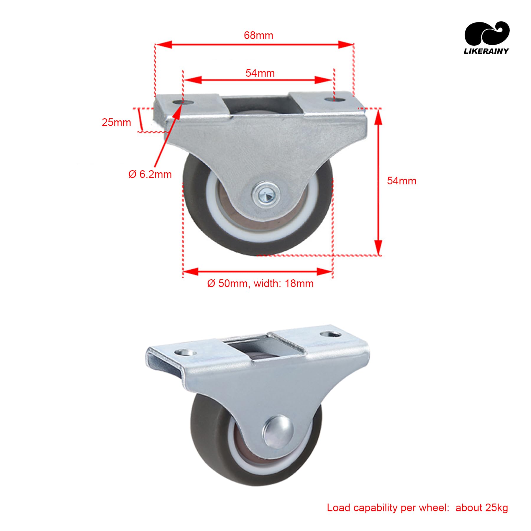 LIKERAINY Silent TPR Castors diameter 50 x 18 mm with Plate Fixing Rubber Wheels without Brake Replacement for Mobile Furniture Chest Caster Wheels Loading Capability 100kg Pack of 4 pcs - Image 2